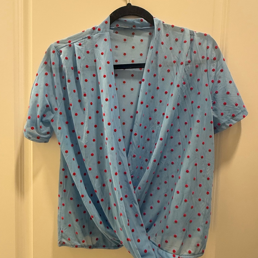 Zara Light Blue and Red Polka Dot Short Sleeve Tee